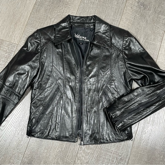 WILSON Genuine Leather Moto Jacket size 10 Black shiny - Picture 2 of 13
